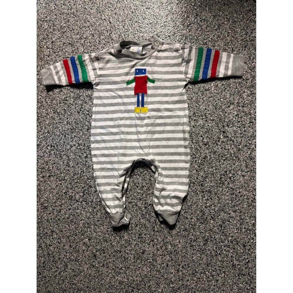 Florence Eiseman Baby Boy Grey White Striped Robot Romper 9M 71159